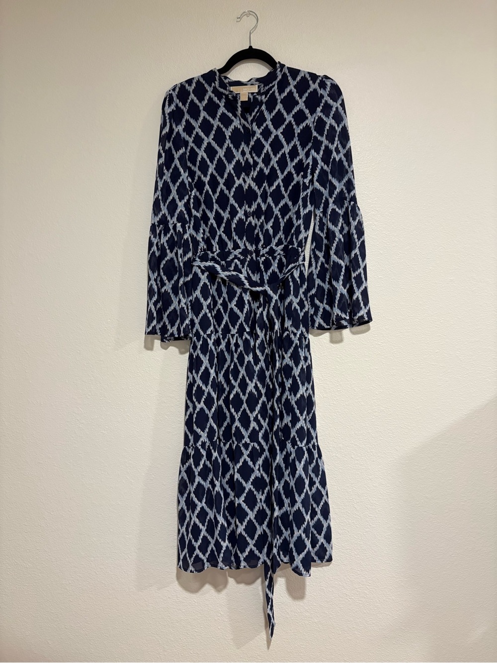 Michael Kors Blue Diamond-Print Long Sleeve Midi Dress
